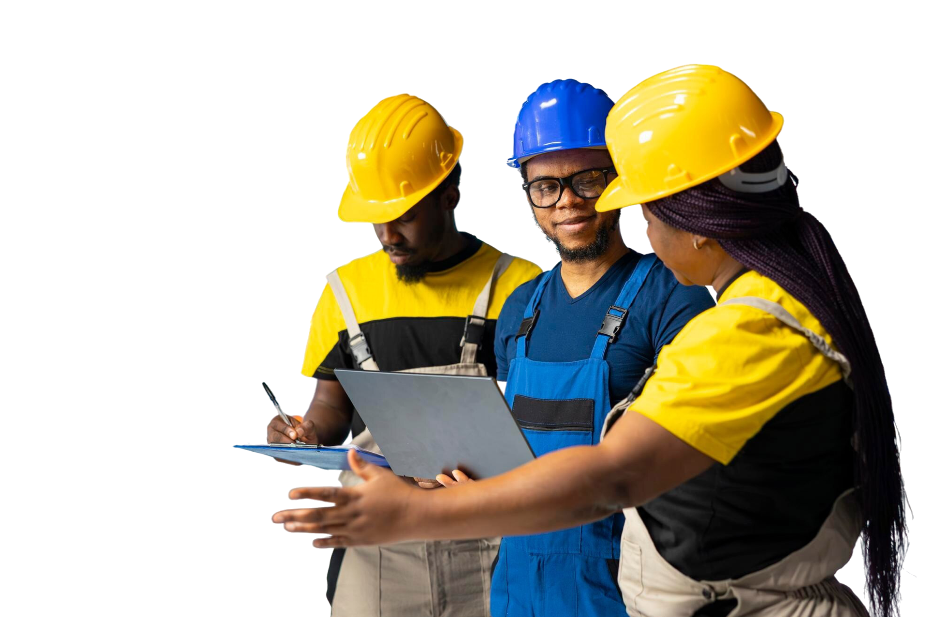 Construction team with hard hats reviewing plans
